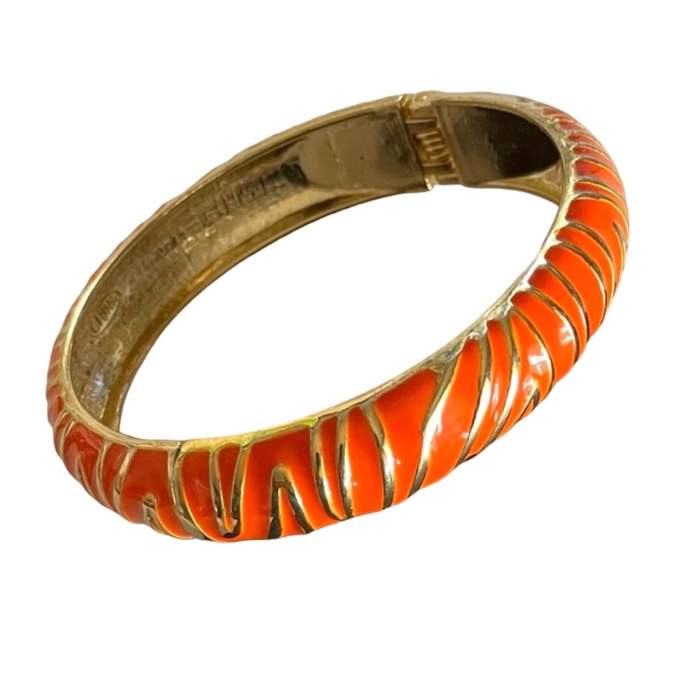 Orange Tiger Stripe Enamel And Goldtone Hinged Bangle Bracelet